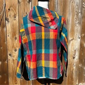 Vintage 70s Rainbow Colorful Plaid long sleeved shirt with a unique collar